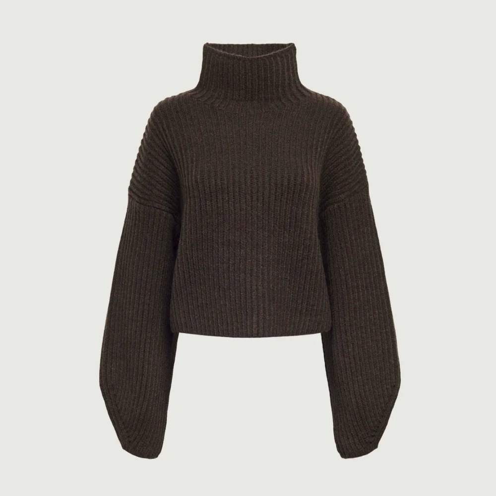 OAK + FORT Ribbed Mockneck Sweater in Chocolate Brown Size Extra Small - Picture 3 of 8